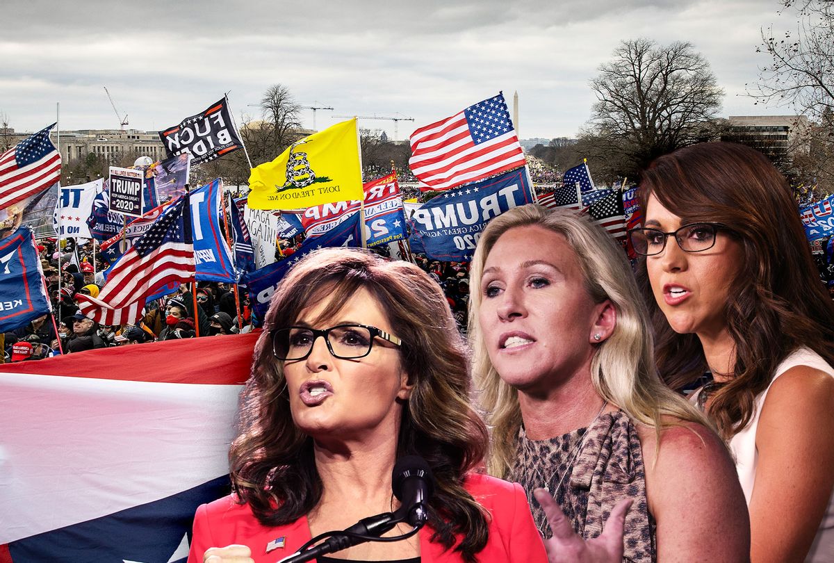 Protesters gather outside the U.S. Capitol Building on January 06, 2021 in Washington, DC. | Sarah Palin, Marjorie Taylor Greene and Lauren Boebert (Photo illustration by Salon/Getty Images)