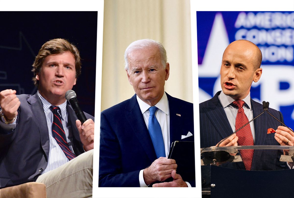 Tucker Carlson, Joe Biden and Stephen Miller (Photo illustration by Salon/Getty Images)