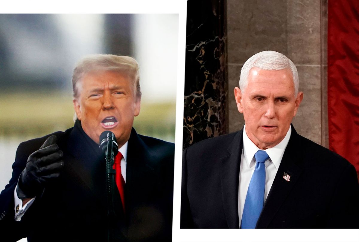 President Donald Trump speaks at the "Stop The Steal" Rally on January 06, 2021 in Washington, DC. | US Vice President Mike Pence presides over a joint session of Congress to count the electoral votes for President at the US Capitol in Washington, DC, January 6, 2021.  (Photo illustration by Salon/Getty Images)
