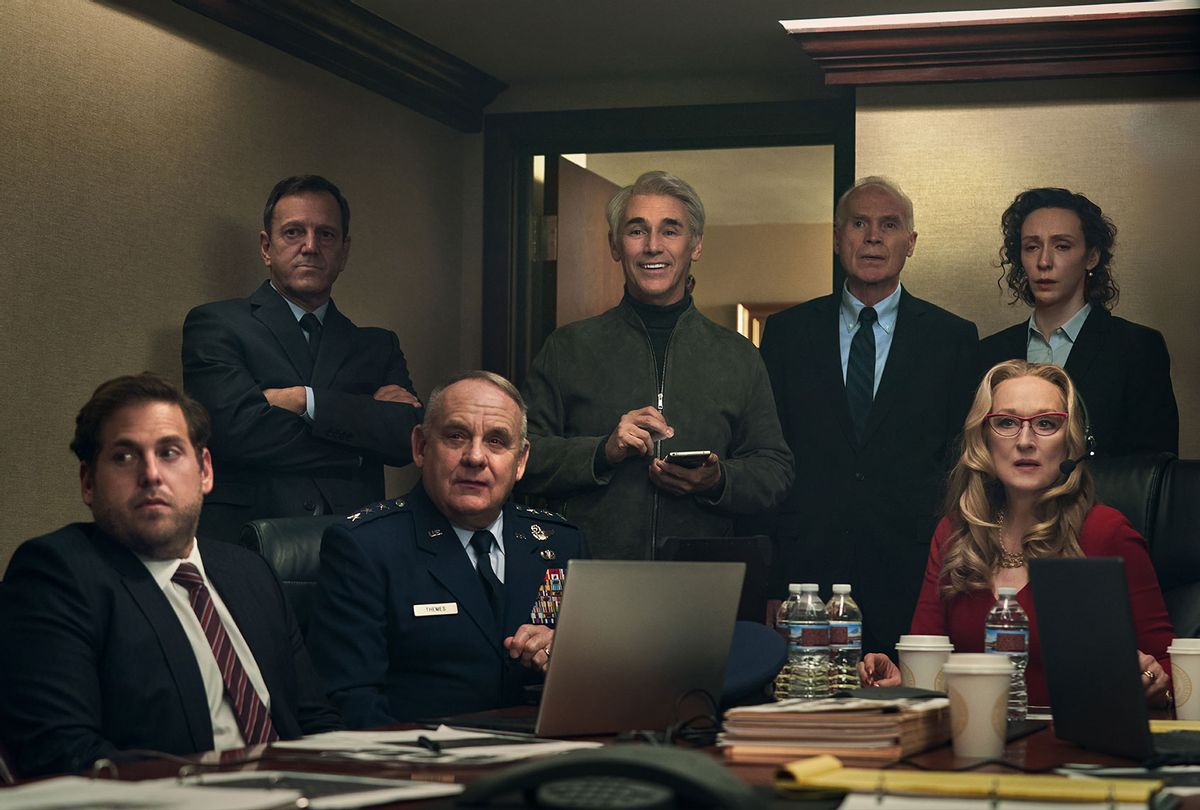 Jonah Hill as Jason Orlean, Paul Guilfoyle as General Themes, Mark Rylance as Peter Isherwell and Meryl Streep as President Janie Orlean in "Don't Look Up" (Niko Tevernise/Netflix)
