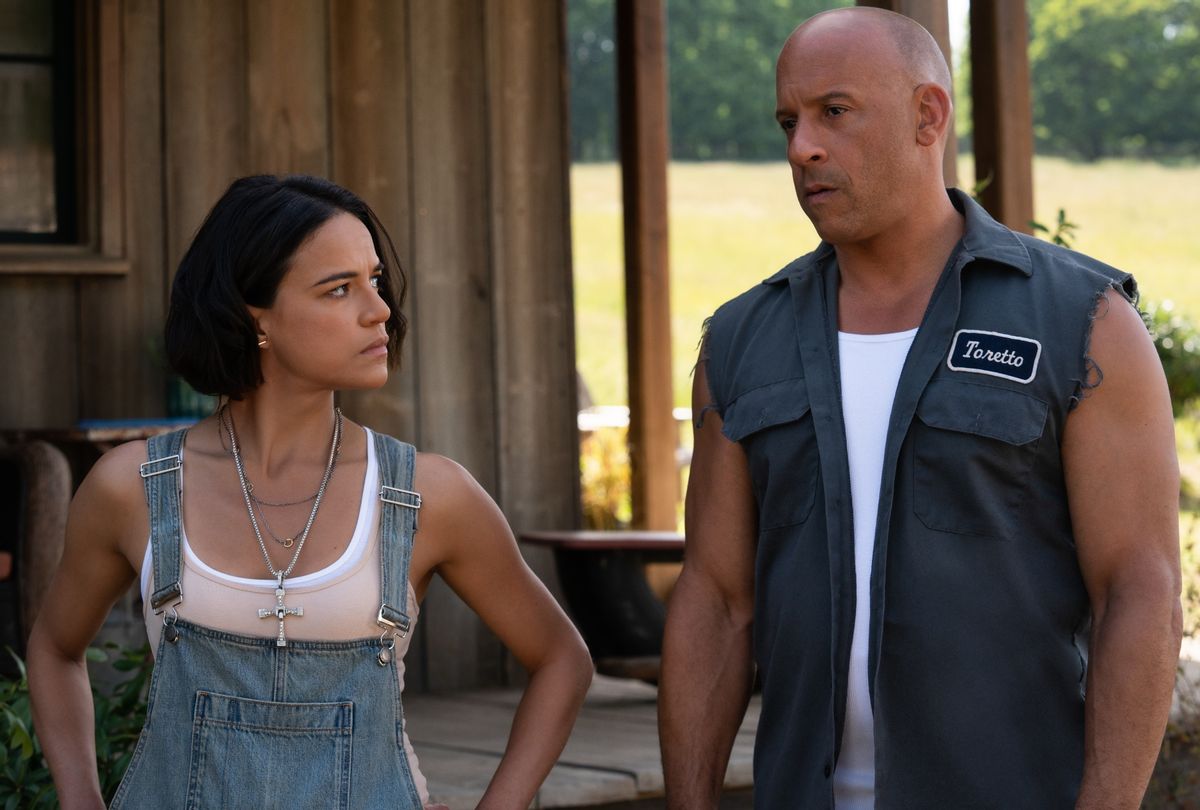 Michelle Rodriguez and Vin Diesel in "F9: The Fast Saga"  (Universal/Giles Keyte)
