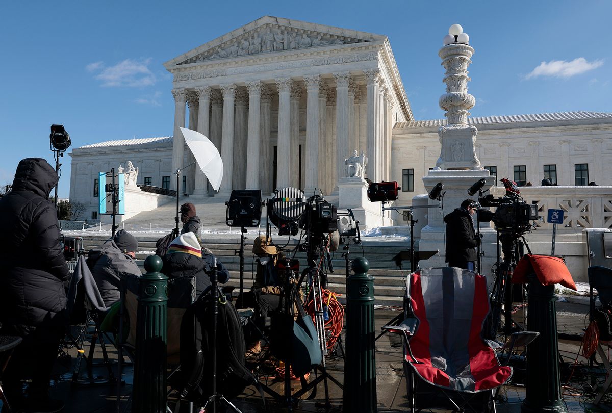 TV equipment and reporters wait outside the U.S. Supreme Court on Capitol Hill on January 07, 2022 in Washington, DC.  (Anna Moneymaker/Getty Images)