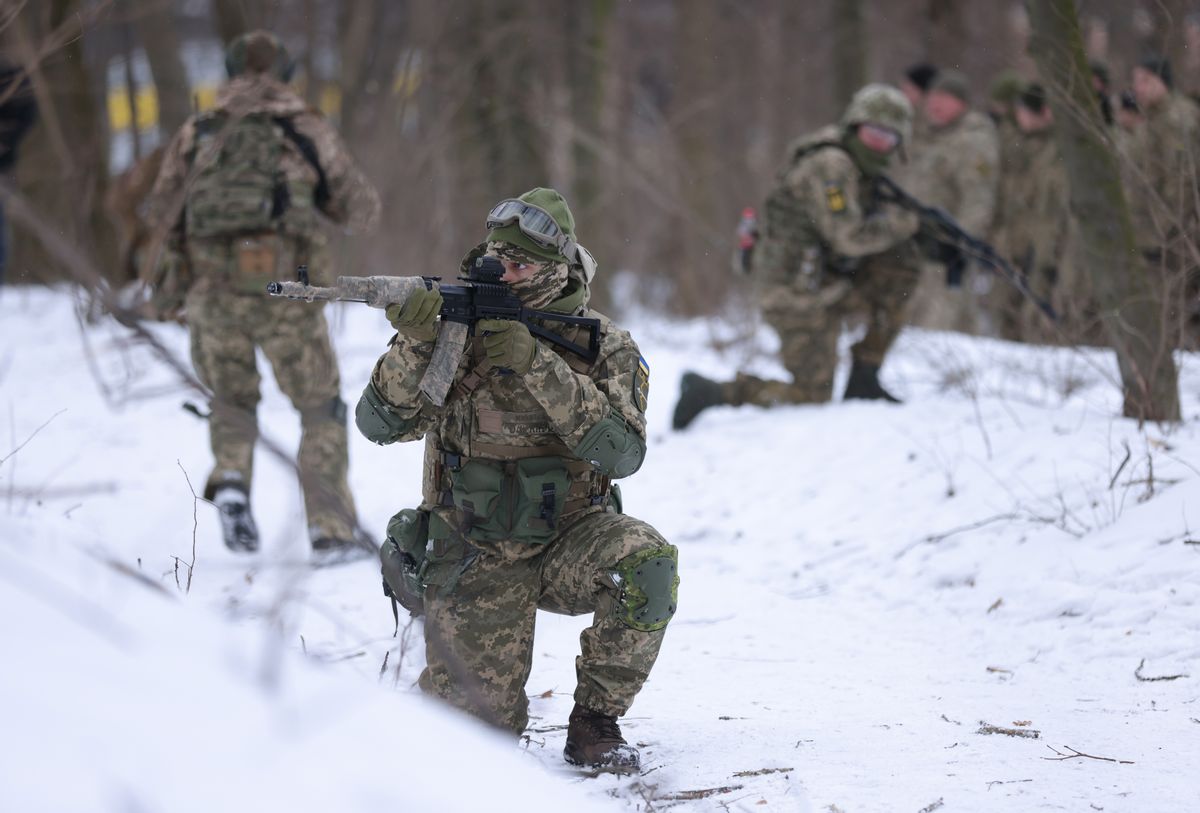 Civilian participants in a Kyiv Territorial Defence unit train in a forest on Jan. 22, 2022, in Kyiv, Ukraine.  (Sean Gallup/Getty Images)