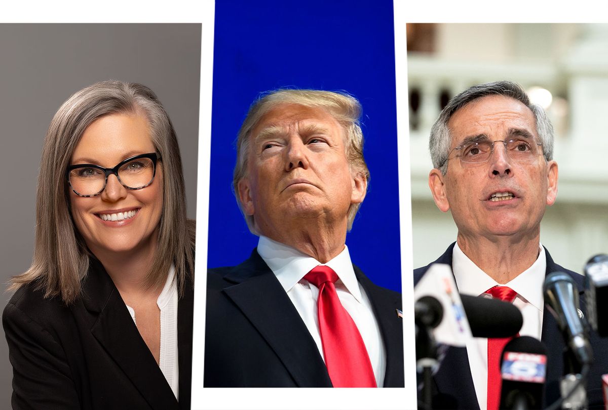 Katie Hobbs, Donald Trump and Brad Raffensperger (Photo illustration by Salon/Getty Images/Office of Arizona Secretary of State)