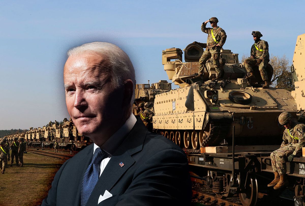 Joe Biden | Members of the US Army 1st Division 9th Regiment 1st Battalion unload heavy combat equipment including Abrams tanks and Bradley fighting vehicles at the railway station near the Pabrade military base in Lithuania, on October 21, 2019. (Photo illustration by Salon/Getty Images)