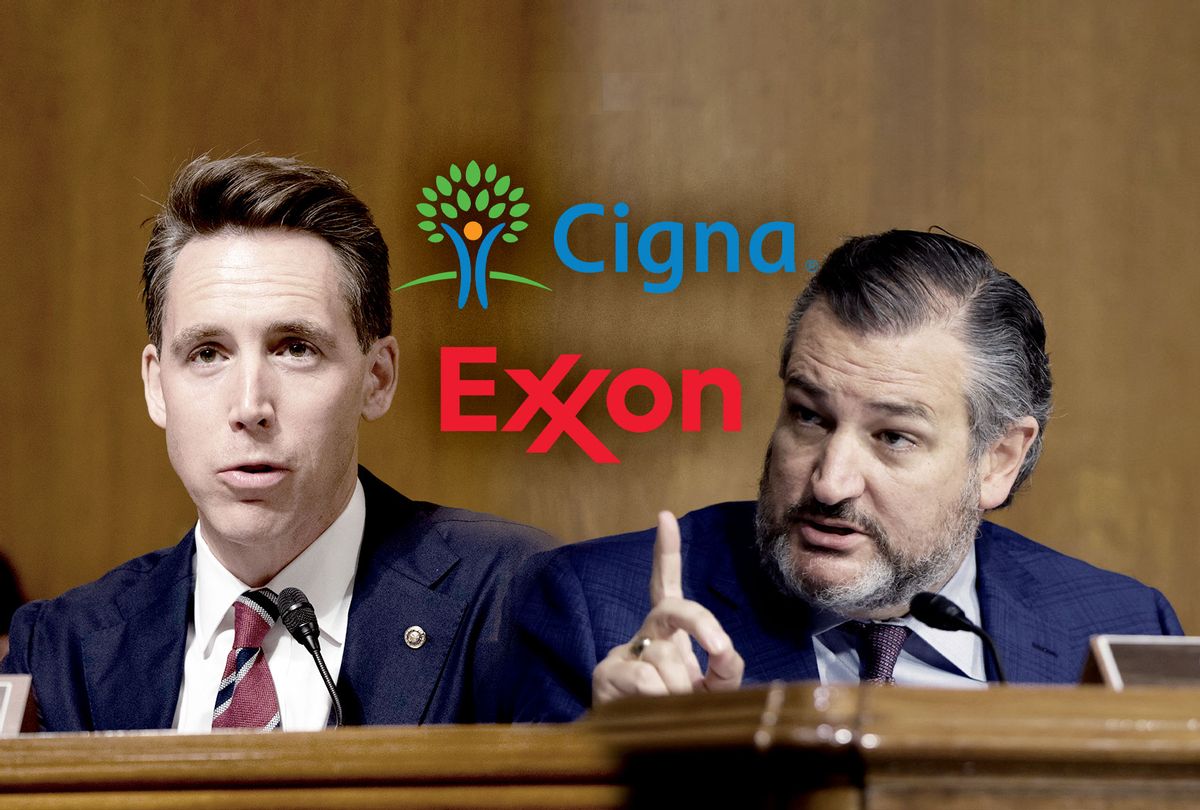 Josh Hawley and Ted Cruz | Exxon Mobil and Cigna logos (Photo illustration by Salon/Getty Images)