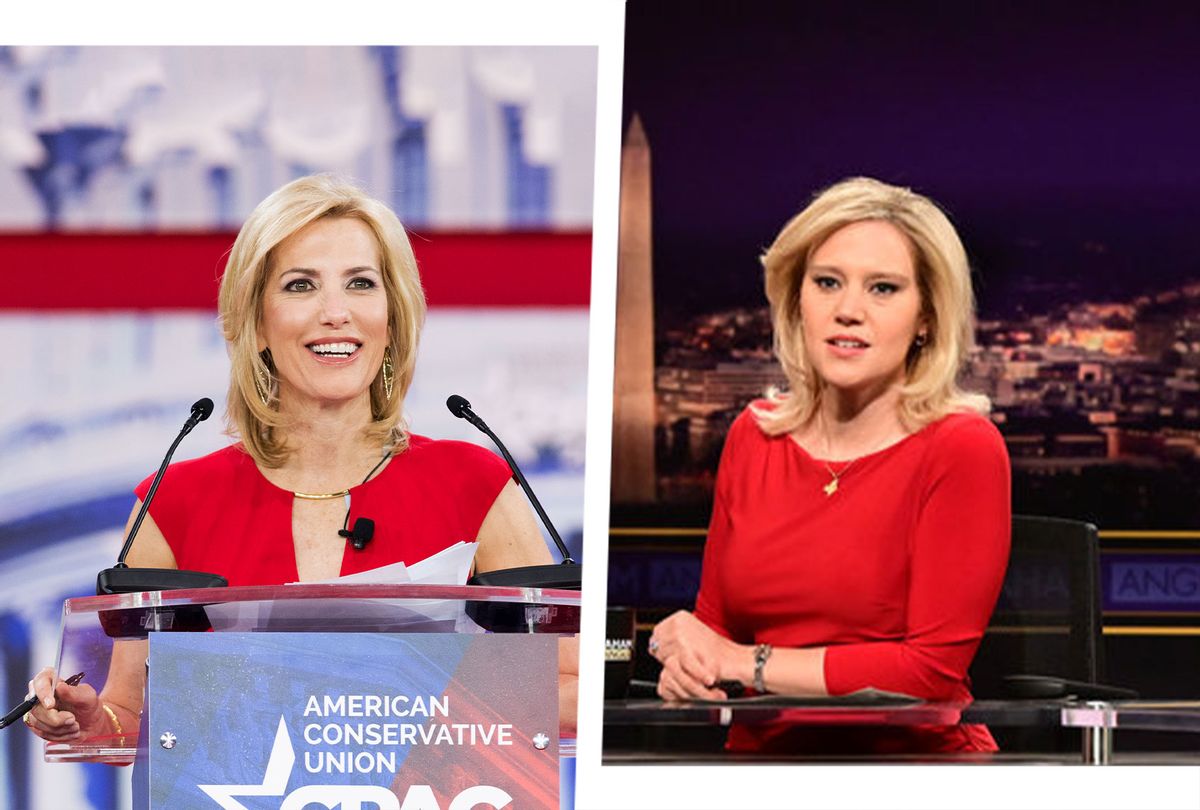 Laura Ingraham speaking at CPAC 2018, and Kate McKinnon as Laura Ingraham during the “Ingraham Angle” Cold Open on Saturday, January 22, 2022 (Photo illustration by Salon/Getty Images/Will Heath/NBC)