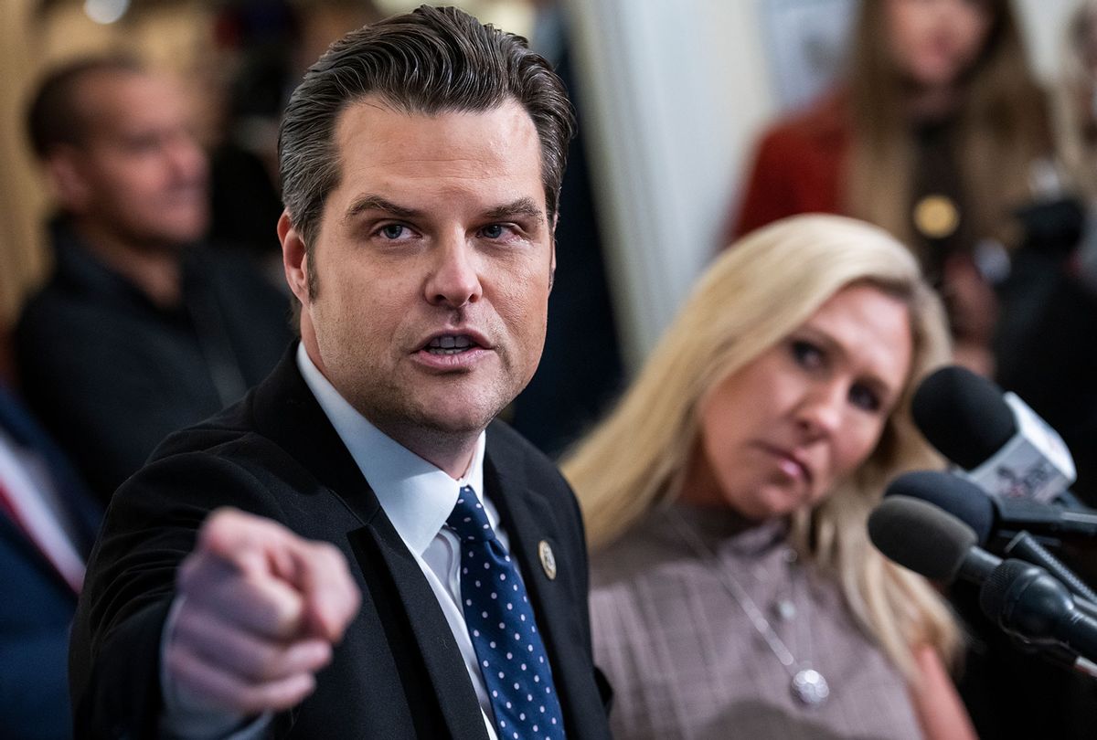 Reps. Matt Gaetz, R-Fla., and Marjorie Taylor Greene, R-Ga., conduct a news conference in Cannon Building on the anniversary of the January 6th riot, where they alleged the governments possible involvement in the attack, on Thursday, January 6, 2022. (Tom Williams/CQ-Roll Call, Inc via Getty Images)