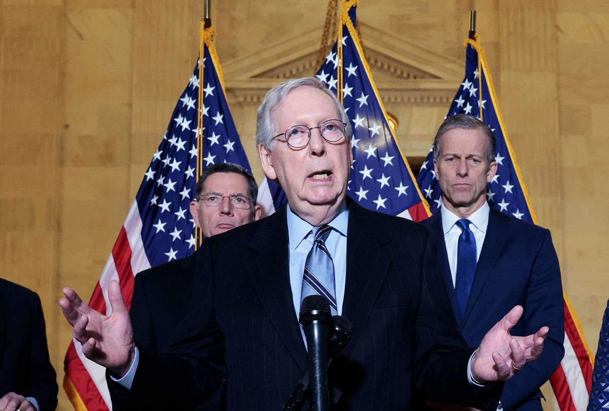 Senate Minority Leader Mitch McConnell (R-KY) speaks during a press conference following the weekly Senate Republican policy luncheon in the Russell Senate Office Building on Capitol Hill on January 19, 2022 in Washington, DC. (Anna Moneymaker/Getty Images)