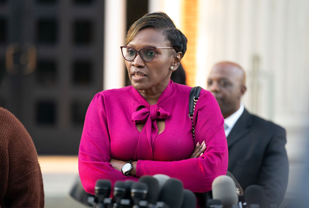 Wanda Cooper-Jones, mother of Ahmaud Arbery, talks with the media outside the Glynn County Courthouse on November 8, 2021 in Brunswick, Georgia (Sean Rayford/Getty Images)