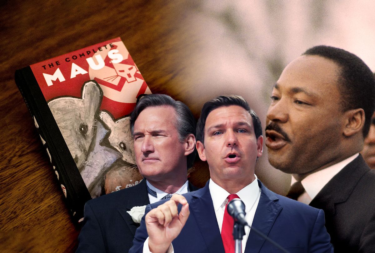 Glenn Youngkin, Ron DeSantis, Martin Luther King Jr. and Maus by Art Spiegelman (Photo illustration by Salon/Getty Images)