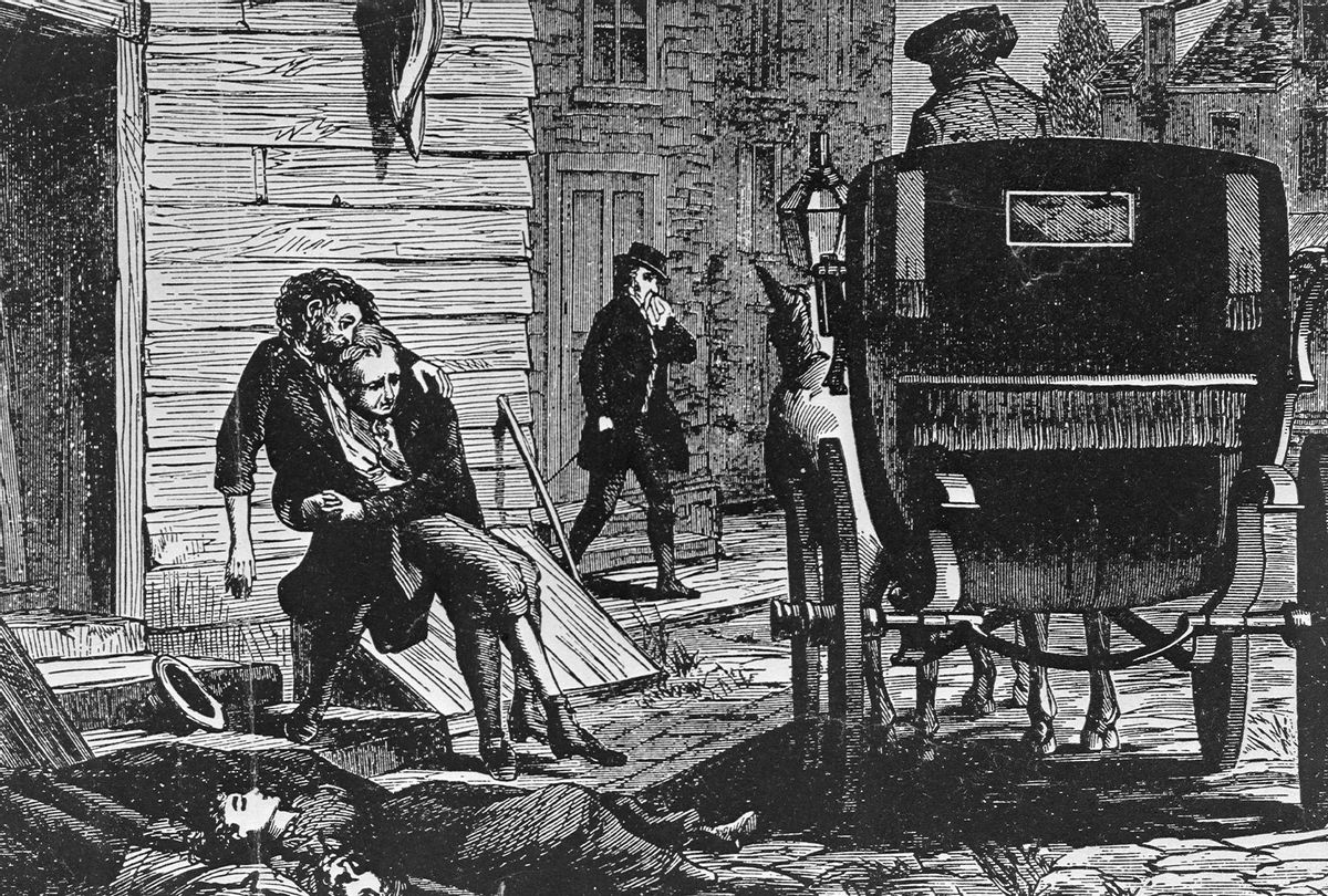 The Yellow fever epidemic in Philadelphia, 1793. Carriages rumbled through the streets to pick up the dying and the dead. Woodcut shows Stephen Girard on errand of mercy. (Getty Images / Bettmann / Contributor)