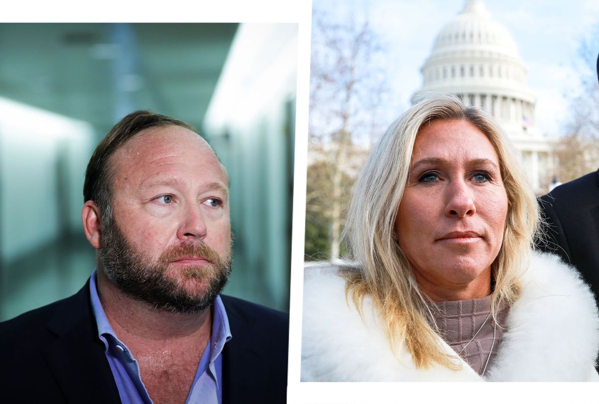 Alex Jones and Marjorie Taylor Greene (Photo illustration by Salon/Getty Images)