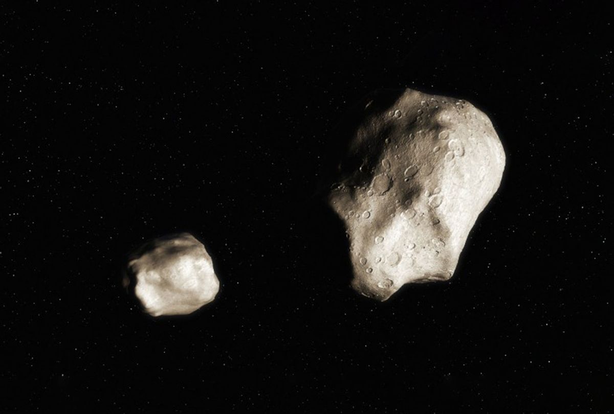 Artist rendition of an asteroid pair, shortly after separation. Over millennia these objects will drift apart and become harder to identify. At 300 years old, the asteroid pair 2019 PR2 and 2019 QR6 are the youngest found to date. (UC Berkeley/SETI Institute)