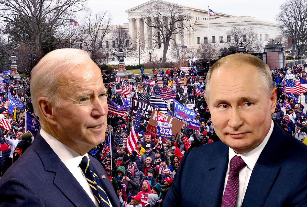 Joe Biden, Vladimir Putin, and the crowds gathered outside the U.S. Capitol for the "Stop the Steal" rally on January 06, 2021 in Washington, DC. (Photo illustration by Salon/Getty Images)