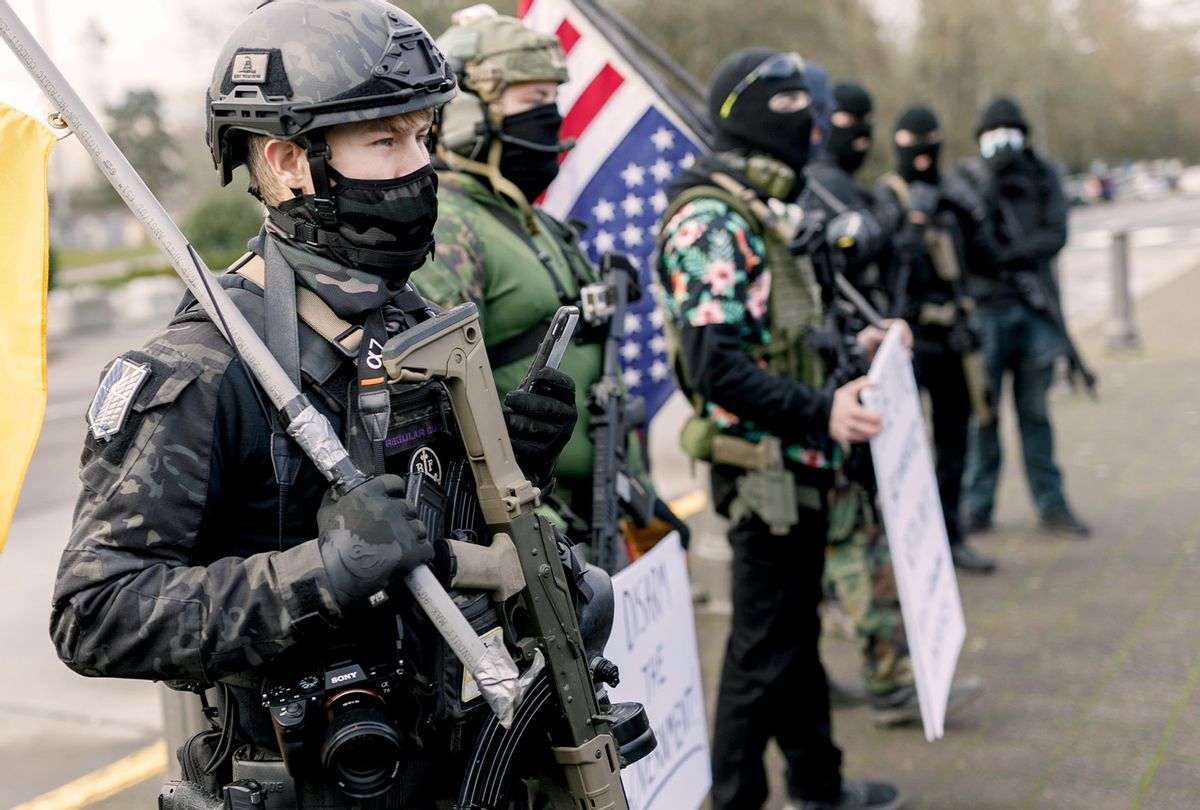 Members of the far-right extremist movement Boogaloo Bois, stage a demonstration at Oregons State Capitol in Salem, Oregon, United States on January 17, 2021. (John Rudoff/Anadolu Agency via Getty Images)