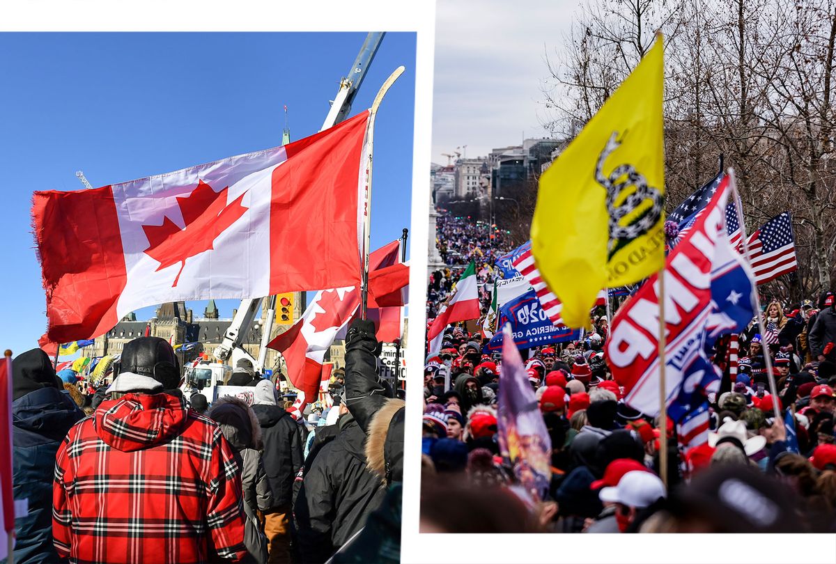 Protesters hold a Canadian flag around Parliament Hill in support of the Freedom Convoy truck protest on February 5, 2022 in Ottawa, Canada.  Truckers continue their rally over the weekend near Parliament Hill in hopes of pressuring the government to roll back COVID-19 public health regulations and mandates. | Pro-Trump supporters gather outside the U.S. Capitol following a rally with President Donald Trump on January 6, 2021 in Washington, DC. Trump supporters gathered in the nation's capital today to protest the ratification of President-elect Joe Biden's Electoral College victory over President Trump in the 2020 election. (Photo illustration by Salon/Getty Images)