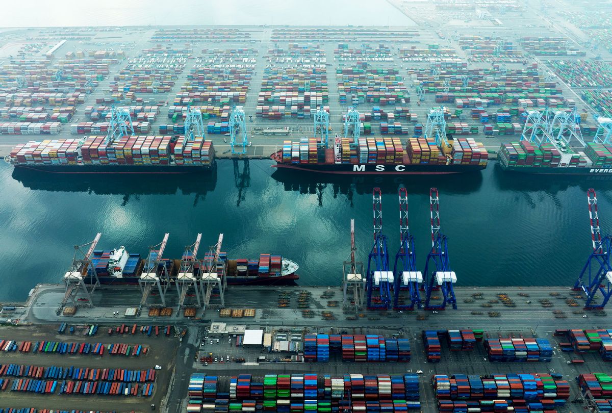 Aerial view of containers and cargo ships at the Port of Los Angeles on January 19, 2022 in San Pedro, California. (Qian Weizhong/VCG via Getty Images)