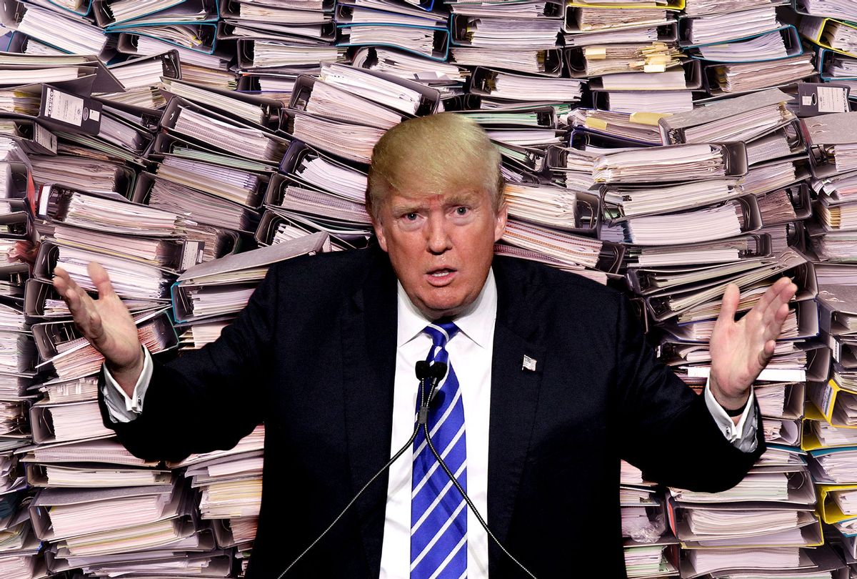 Donald Trump and piles of documents (Photo illustration by Salon/Getty Images)