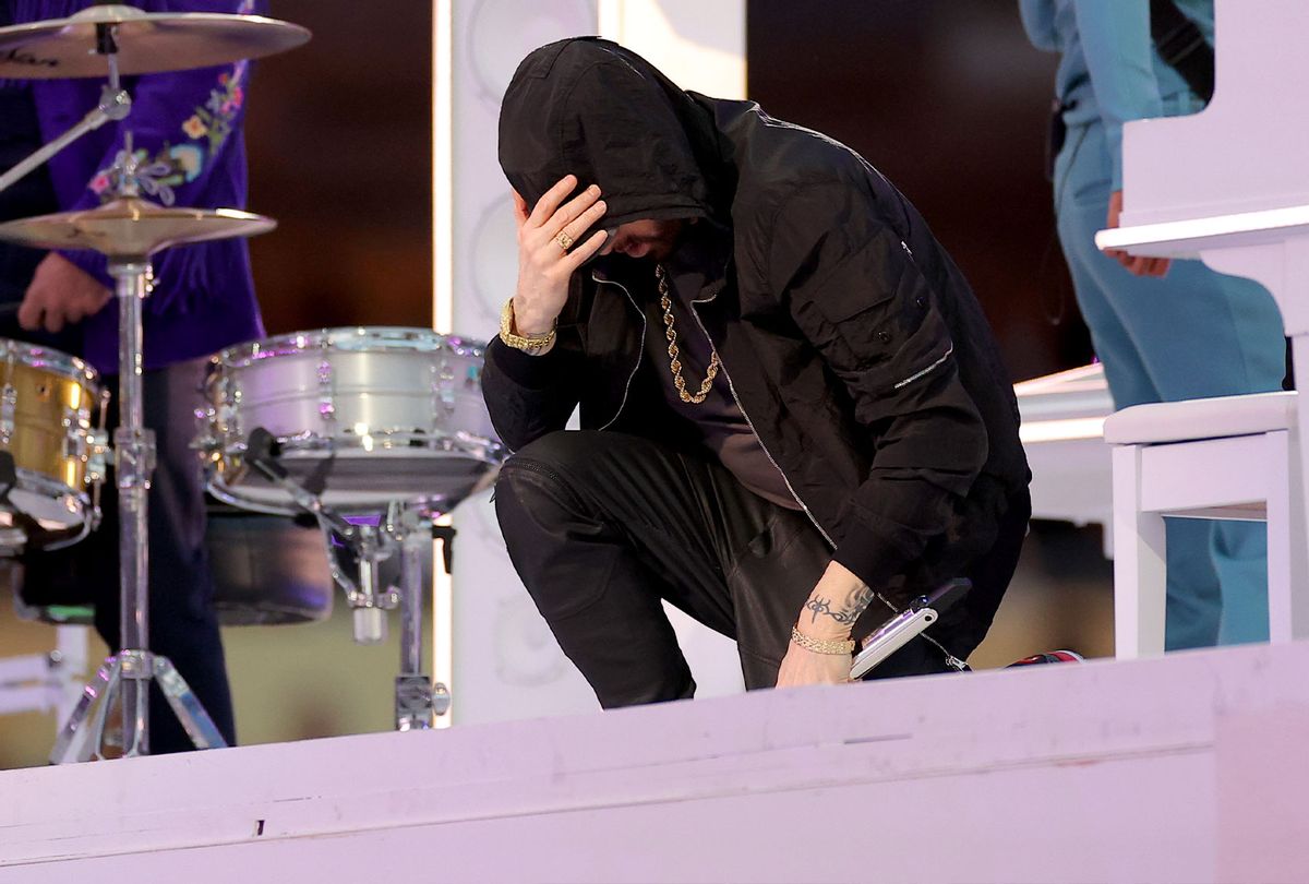 Eminem performs during the Pepsi Super Bowl LVI Halftime Show at SoFi Stadium on February 13, 2022 in Inglewood, California. (Kevin C. Cox/Getty Images)