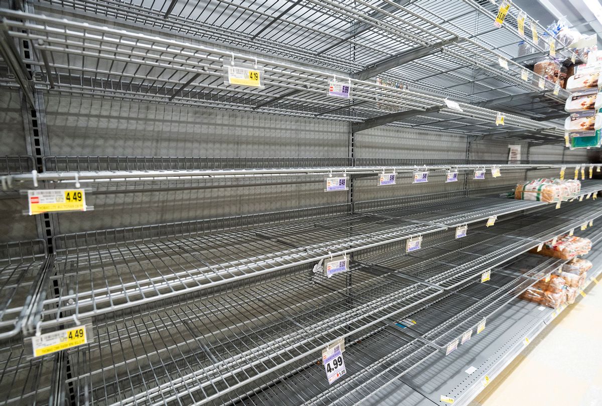 The bread aisle is mostly bare at a Harris Teeter grocery store in Washington on Thursday, March 19, 2020. (Bill Clark/CQ-Roll Call, Inc via Getty Images)