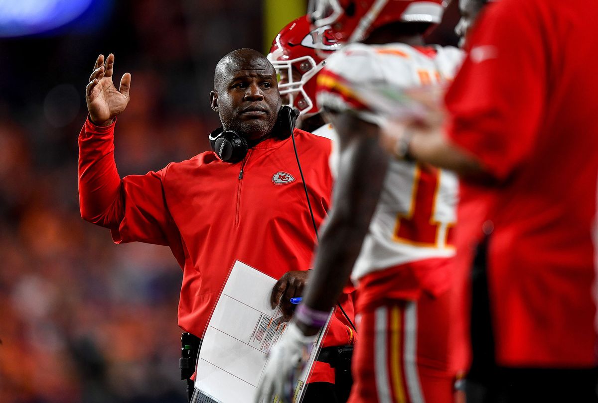 Offensive coordinator Eric Bieniemy of the Kansas City Chiefs works on the sideline during a game against the Denver Broncos at Empower Field at Mile High on October 17, 2019 in Denver, Colorado. (Dustin Bradford/Getty Images)