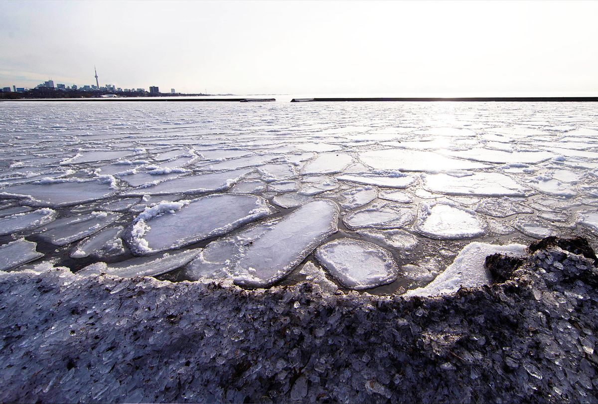 Photo taken on Jan. 15, 2022 shows the frozen Lake Ontario in Toronto, Canada. Extreme cold weather with the temperature as low as minus 20 degrees Celsius covered Toronto from Friday to Saturday. (Photo by (Zou Zheng/Xinhua via Getty Images)