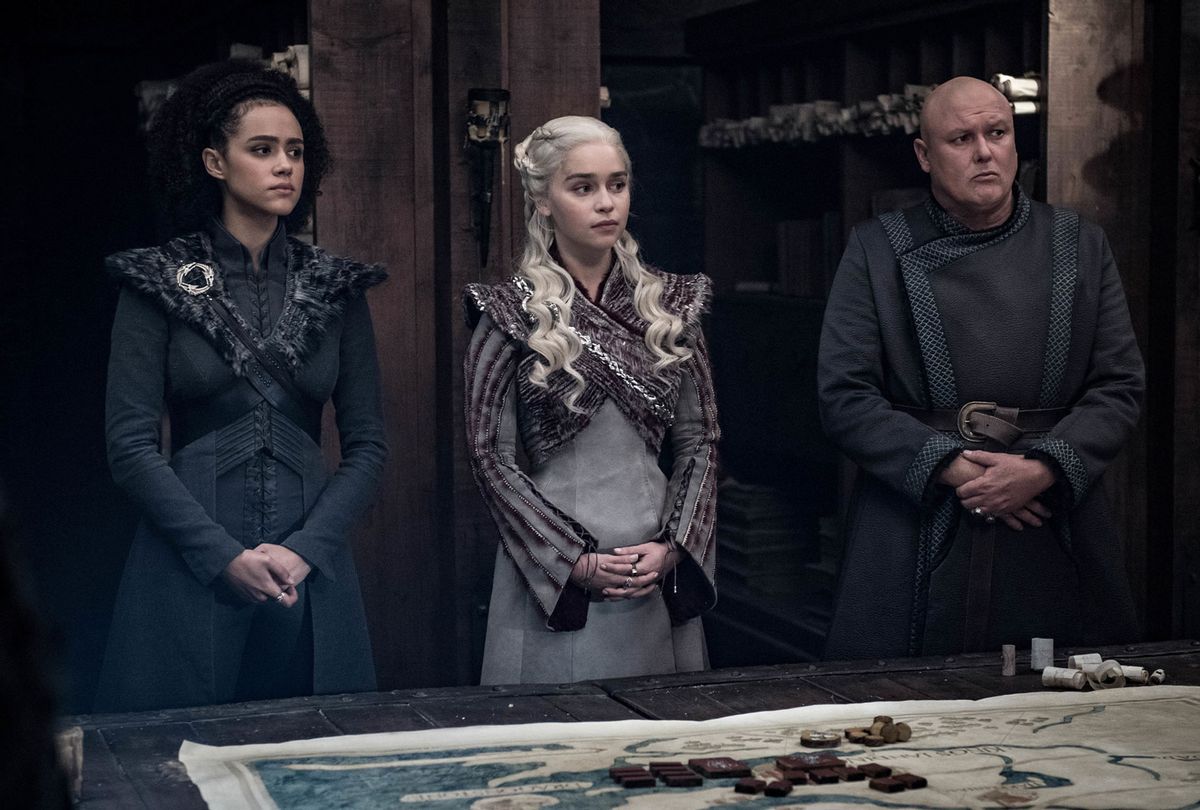 Nathalie Emmanuel, Emilia Clarke and Conleth Hill in "Game Of Thrones" (Helen Sloan/HBO)