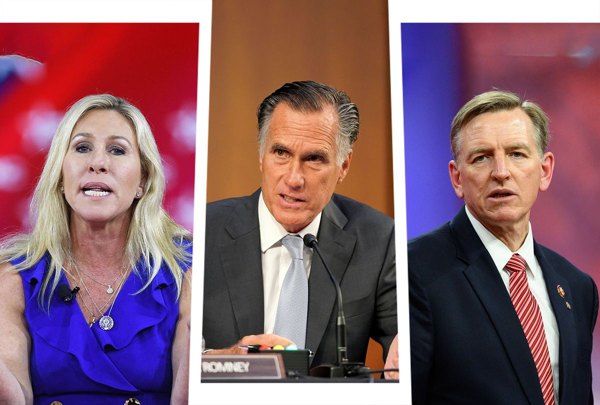 Marjorie Taylor Greene, Mitt Romney and Paul Gosar (Photo illustration by Salon/Getty Images)