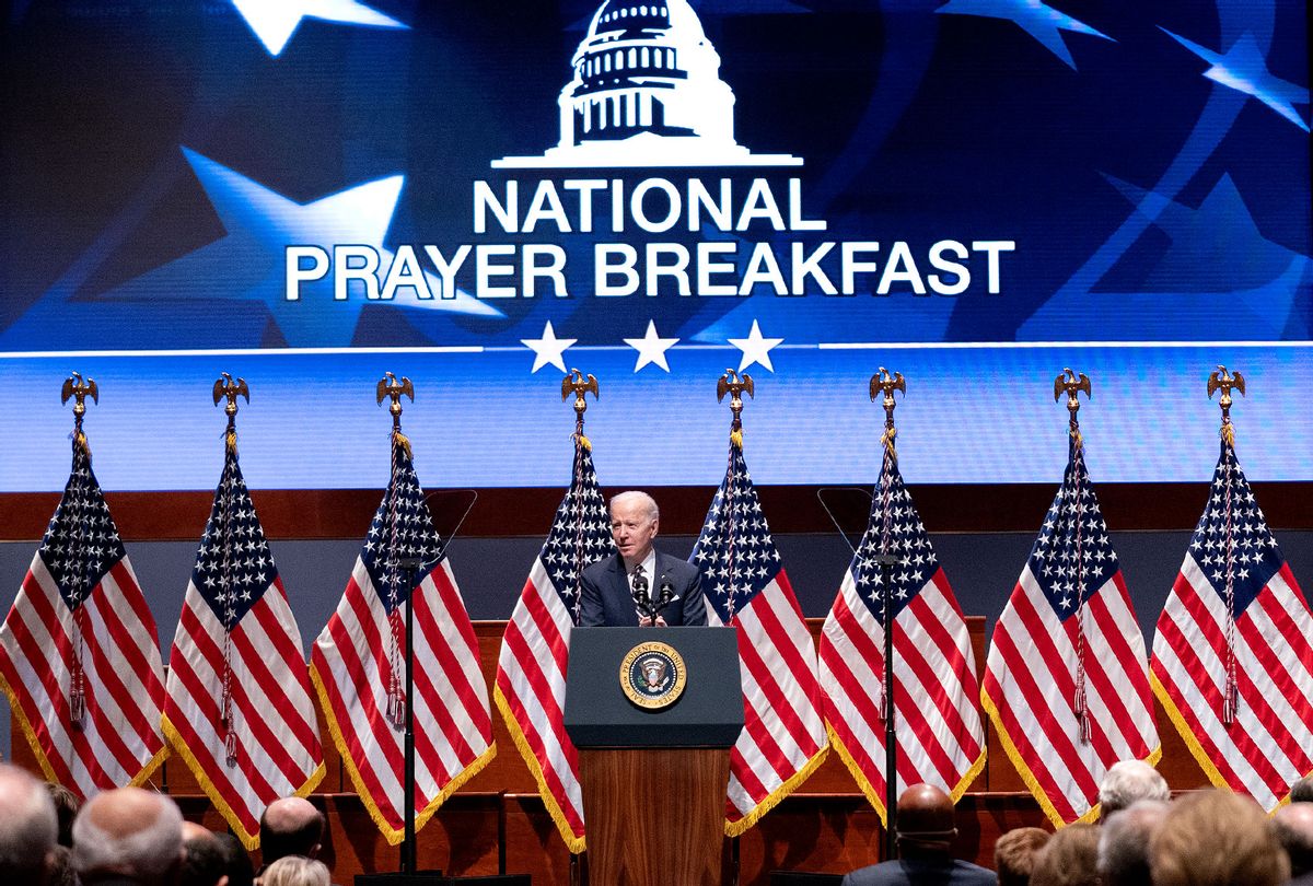 President Joe Biden addresses the National Prayer Breakfast at the U.S. Capitol on February 3, 2022 in Washington, DC. Earlier today the White House announced that a counterterrorism operation took place in northern Syria that killed Abu Ibrahim al-Hashimi al-Qurayshi leader of the Islamic State militant group. (Greg Nash-Pool/Getty Images)