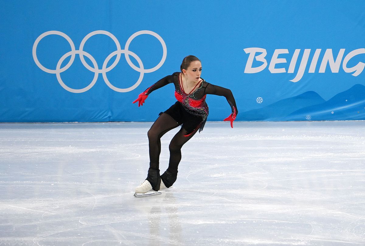 Kamila Valieva of the Russian Olympic Committee performs during the figure skating team event women's single skating free skating at Capital Indoor Stadium in Beijing, capital of China, Feb. 7, 2022. (Liu Xiao/Xinhua via Getty Images)