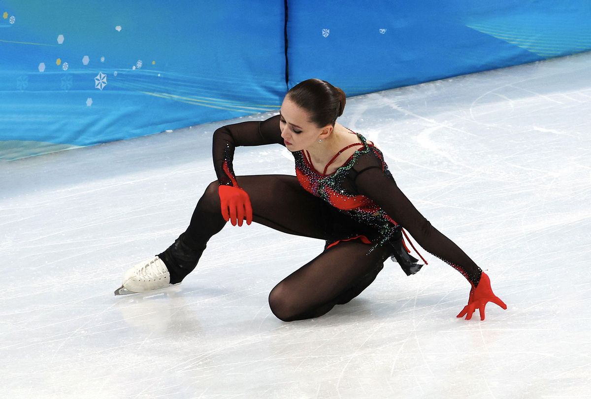 Kamila Valieva of Team ROC falls on ice during the Women Single Skating Free Skating on day thirteen of the Beijing 2022 Winter Olympic Games at Capital Indoor Stadium on February 17, 2022 in Beijing, China. (Xavier Laine/Getty Images)