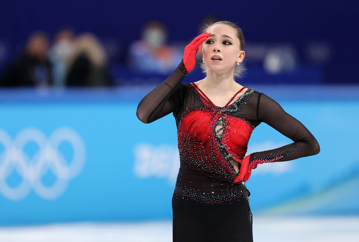 Kamila Valieva of Team ROC reacts during the Women Single Skating Free Skating Team Event on day three of the Beijing 2022 Winter Olympic Games at Capital Indoor Stadium on February 07, 2022 in Beijing, China. (Lintao Zhang/Getty Images)