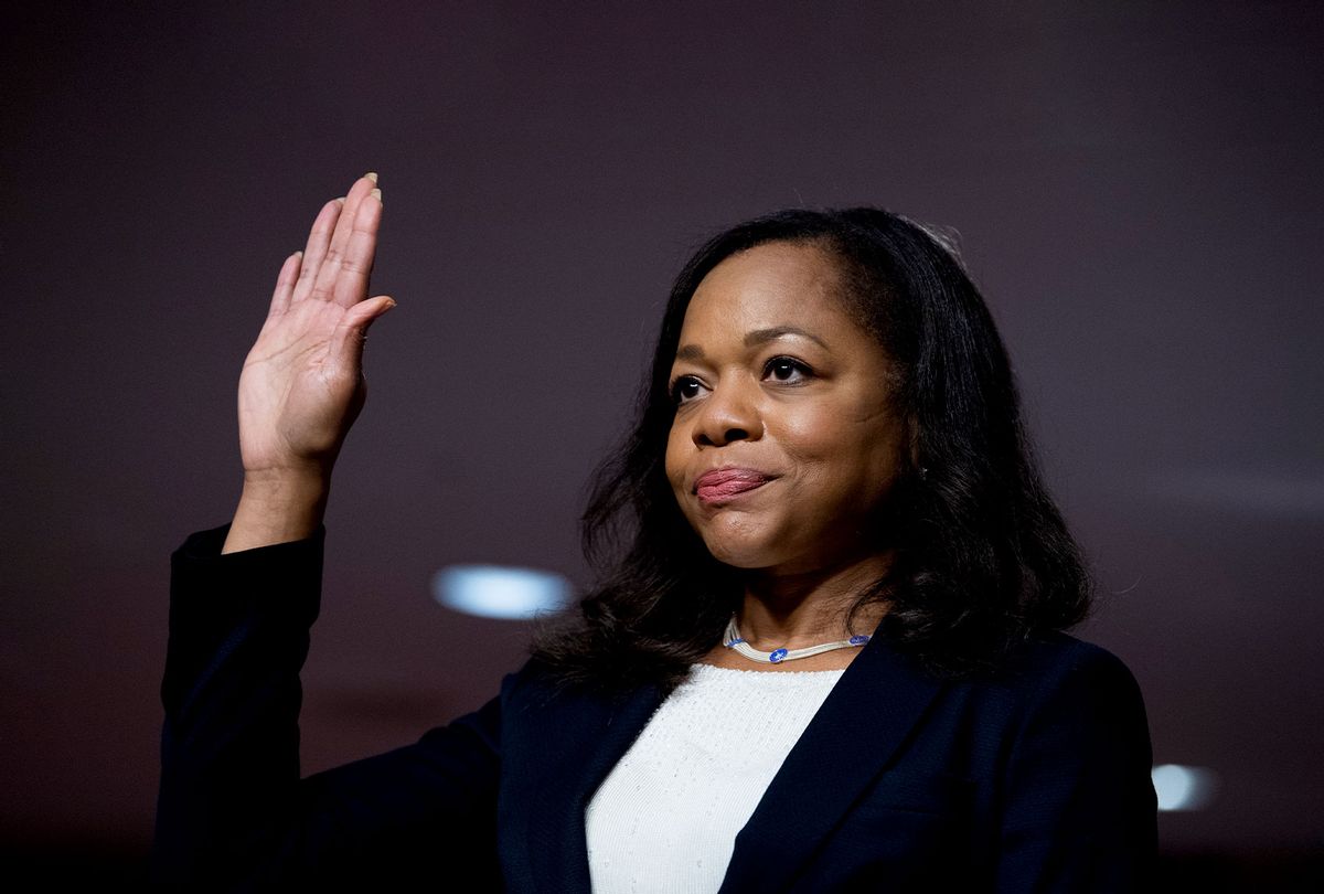 Kristen Clarke, assistant attorney general, is sworn in during the Senate Judiciary Committee hearing titled Protecting a Precious, Almost Sacred Right: The John R. Lewis Voting Rights Advancement Act, in Dirksen Building on Wednesday, October 6, 2021. (Tom Williams/CQ-Roll Call, Inc via Getty Images)