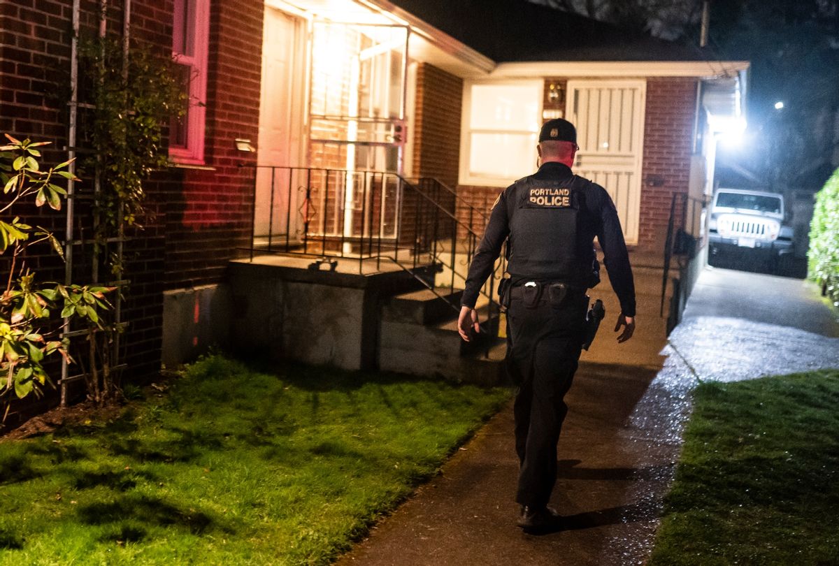 Portland police investigate a shooting that took place during a protest for Amir Locke, which officials said left one dead and five others injured, on February 19, 2022 in Portland, Oregon (Nathan Howard/Getty Images)