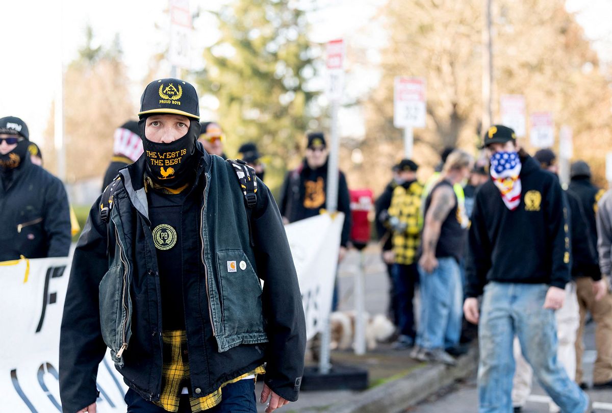 Proud Boys are seen in front of the Oregon State Capitol building during a far-right rally on January 8, 2022 in Salem, Oregon. (MATHIEU LEWIS-ROLLAND/AFP via Getty Images)