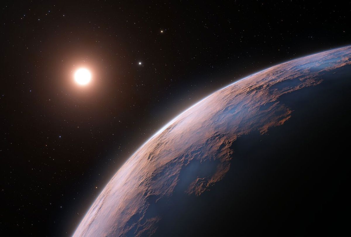 This artist’s impression shows a close-up view of Proxima d, a planet candidate recently found orbiting the red dwarf star Proxima Centauri, the closest star to the Solar System. The planet is believed to be rocky and to have a mass about a quarter that of Earth. Two other planets known to orbit Proxima Centauri are visible in the image too: Proxima b, a planet with about the same mass as Earth that orbits the star every 11 days and is within the habitable zone, and candidate Proxima c, which is on a longer five-year orbit around the star.
 (ESO/L. Calçada)