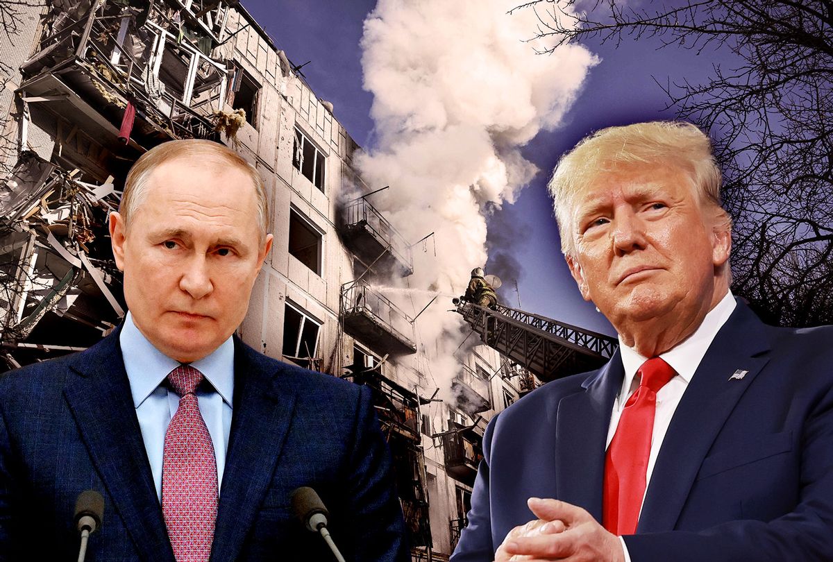 Vladimir Putin and Donald Trump | Firefighters work on a fire on a building after bombings on the eastern Ukraine town of Chuguiv on February 24, 2022, as Russian armed forces are trying to invade Ukraine from several directions, using rocket systems and helicopters to attack Ukrainian position in the south, the border guard service said.  (Photo illustration by Salon/Getty Images)
