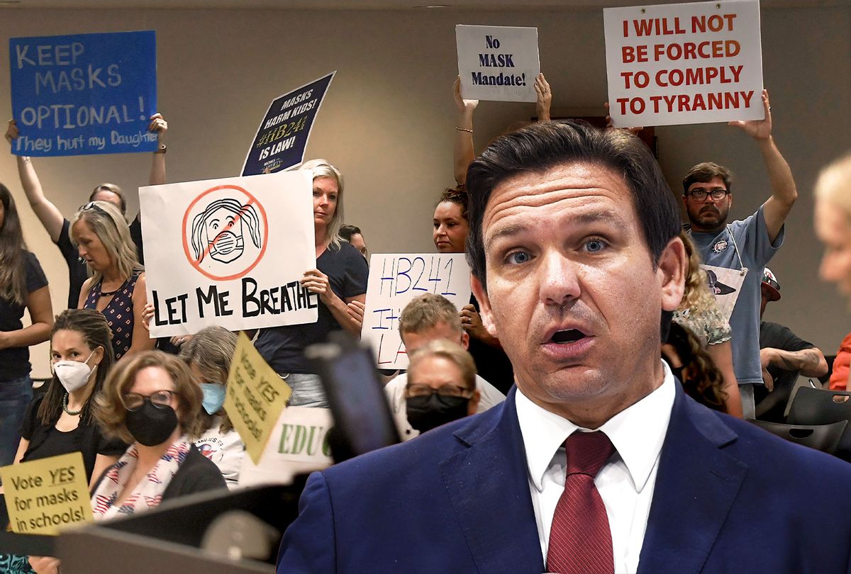Ron DeSantis | People demonstrate with placards at an emergency meeting of the Brevard County, Florida School Board in Viera to discuss whether face masks in local schools should be mandatory. An executive order signed by Florida Governor Ron DeSantis banning mask mandates in schools was thrown out by a Florida judge on Friday. (Photo illustration by Salon/Getty Images)