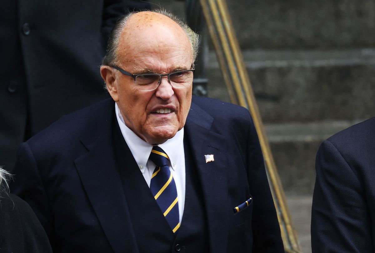 Former New York City Mayor Rudy Giuliani leaves the funeral for fallen NYPD officer Wilbert Mora at St. Patrick's Cathedral on February 02, 2022 in New York City. (Spencer Platt/Getty Images)