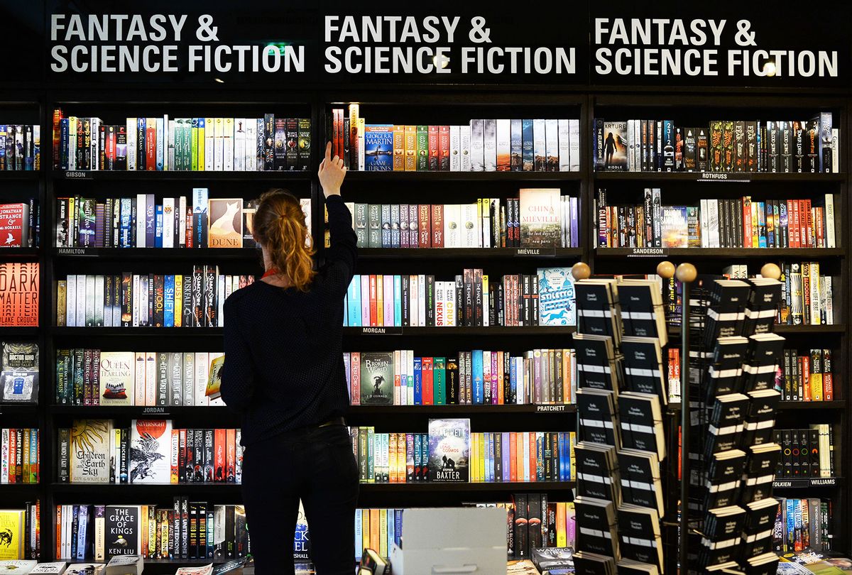 A big selection of books in English language are on sale, for example in the 'Fantasy and Science Fiction' section at the 'English Bookshop' of culture department store Dussmann in Berlin, Germany, 25 August 2016. More and more readers choose the original versions of the books in English. (Jens Kalaene/picture alliance via Getty Images)