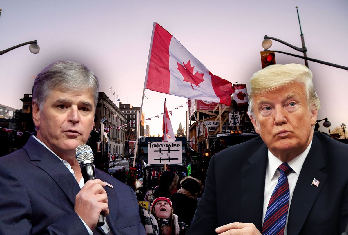 Sean Hannity, Donald Trump and demonstrators during a protest by truck drivers over pandemic health rules and the Trudeau government, outside the parliament of Canada in Ottawa on February 15, 2022. (Photo illustration by Salon/Getty Images)