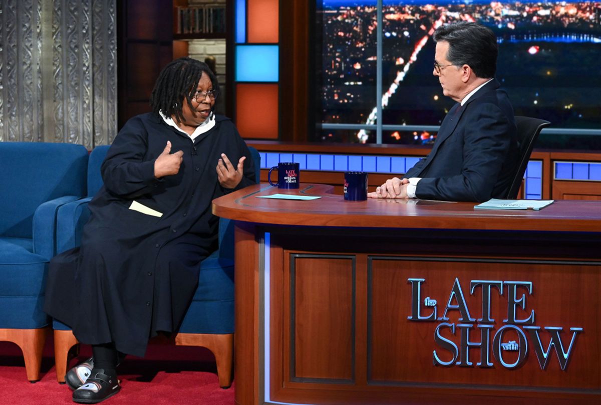 The Late Show with Stephen Colbert and guest Whoopi Goldberg during Monday's January 31, 2022 show. (Scott Kowalchyk/CBS)