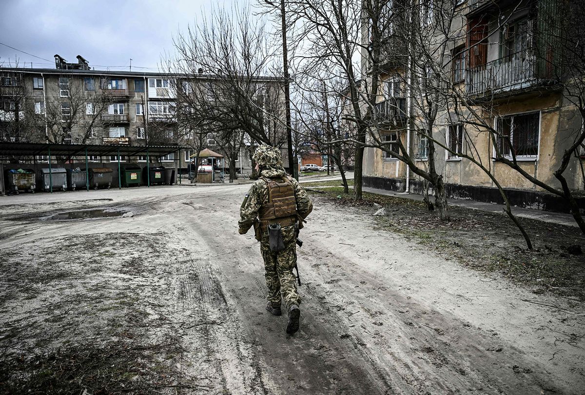 A Ukraine army soldier in the town of Schastia, near the eastern Ukraine city of Lugansk, on Feb. 22, 2022, a day after Russia recognized eastern Ukraine's separatist republics and ordered the Russian army to send troops there as "peacekeepers." (ARIS MESSINIS/AFP via Getty Images)