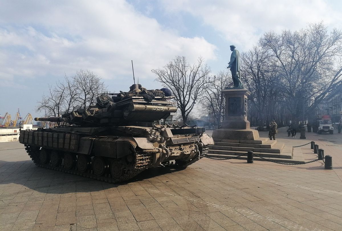 An Ukrainian military tank is seen near Potemkin Stairs in the centre of Odessa after Russia's military operation in Ukraine on February 24, 2022. (Stringer/Anadolu Agency via Getty Images)