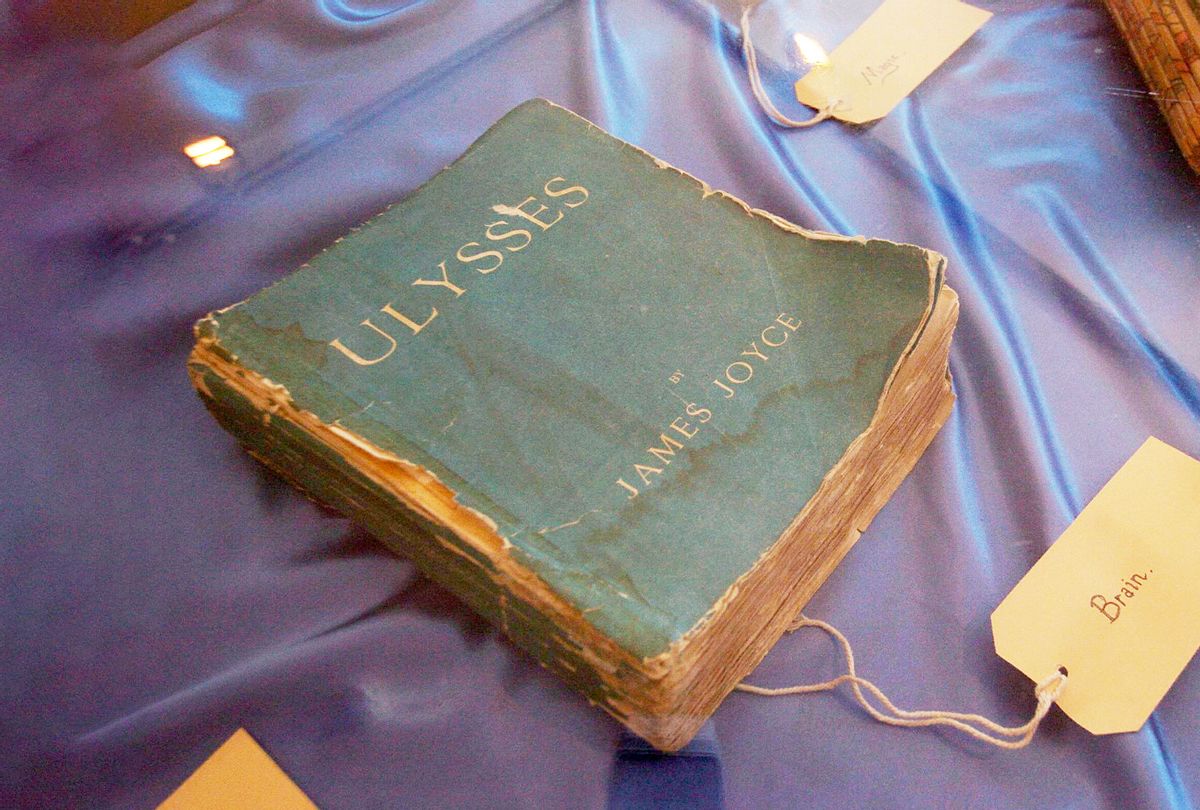 An early edition of one of Dublin's most famous literary masterpieces 'Ulysses' by Irishman James Joyce is pictured 15 May 2004 in the James Joyce Centre in Dublin. (FRAN CAFFREY/AFP via Getty Images)