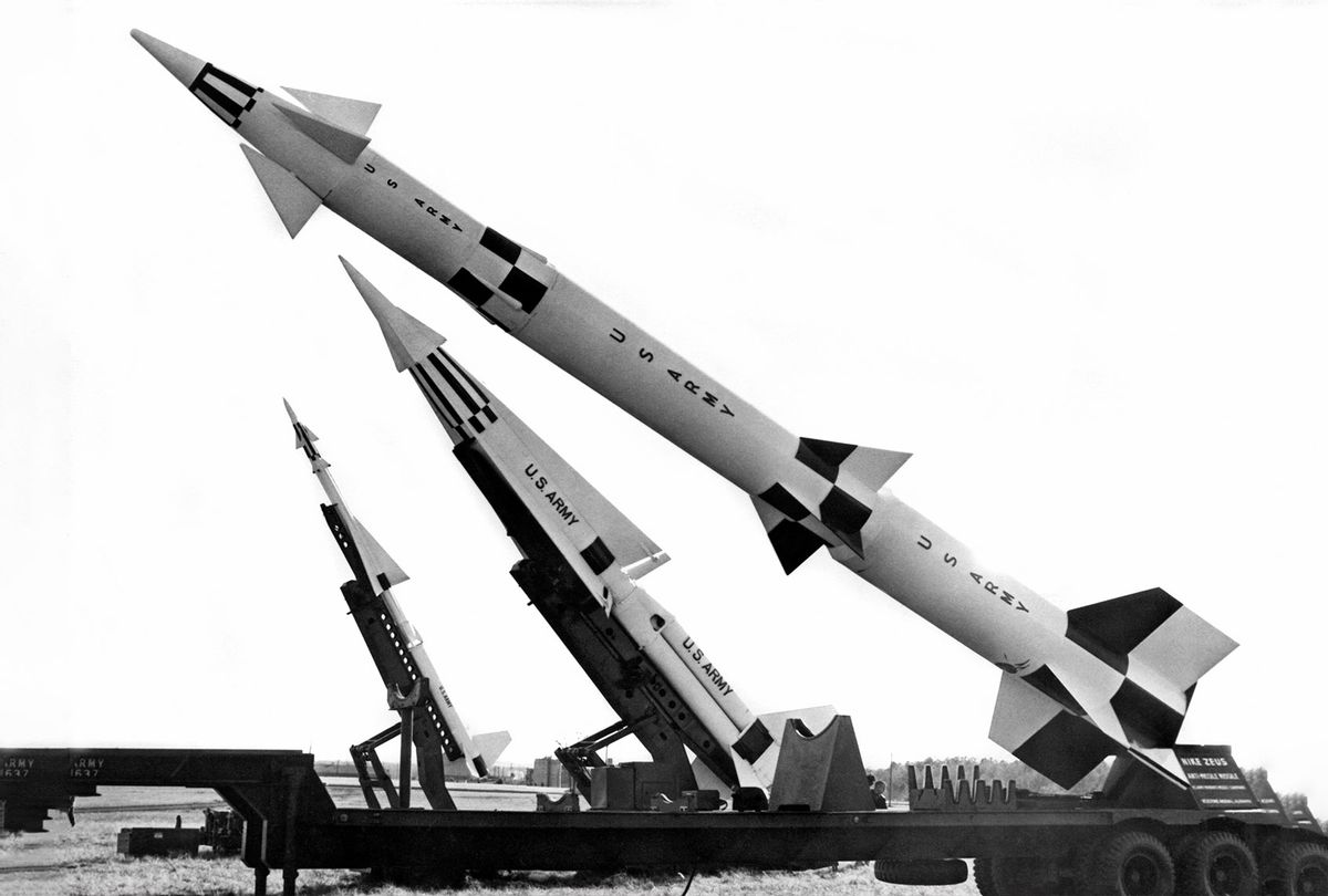 Three generations of NIke air defense missiles showing, L-R Ajax (1953), Hercules (1958), and Zeus (1960), late 1960s or early 1970s. The Hercules & Zeus had nuclear warhead carrying capabilities. (Adam Glickman/Underwood Archives/Getty Images)