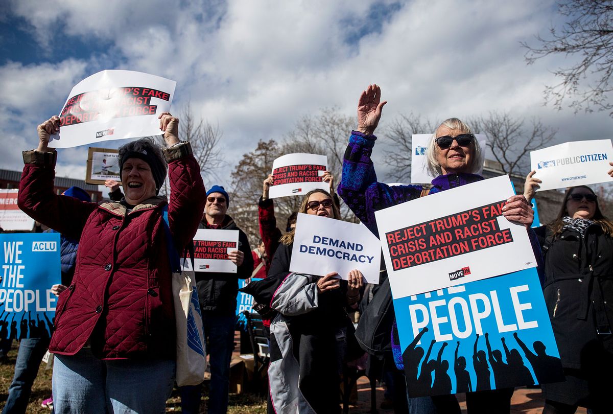 Demonstrators gather in Lafayette Square during a demonstration organized by the American Civil Liberties Union (ACLU) protesting President Donald Trump's declaration of emergency powers on February 18, 2019 in Washington, DC. (Zach Gibson/Getty Images)