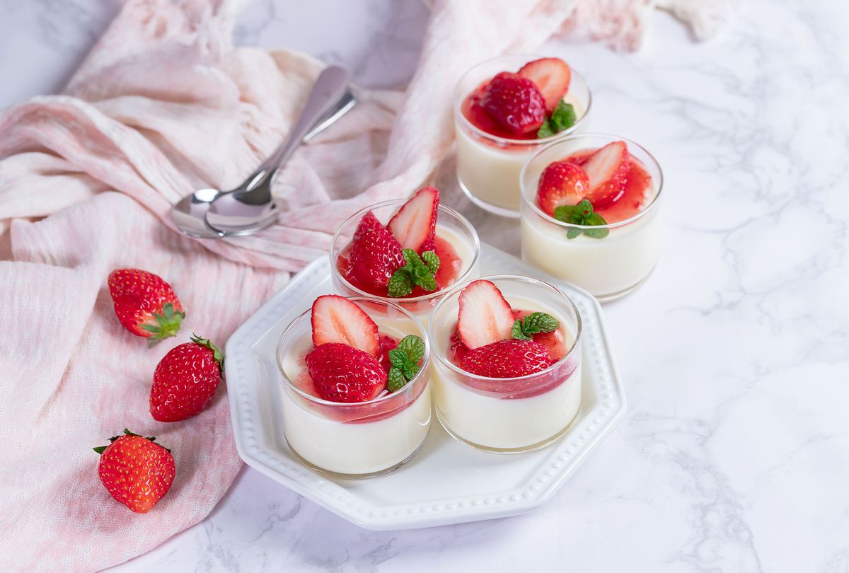 Creamy yogurt panna cotta with fresh strawberry sauce in glass (Getty Images/yumehana)