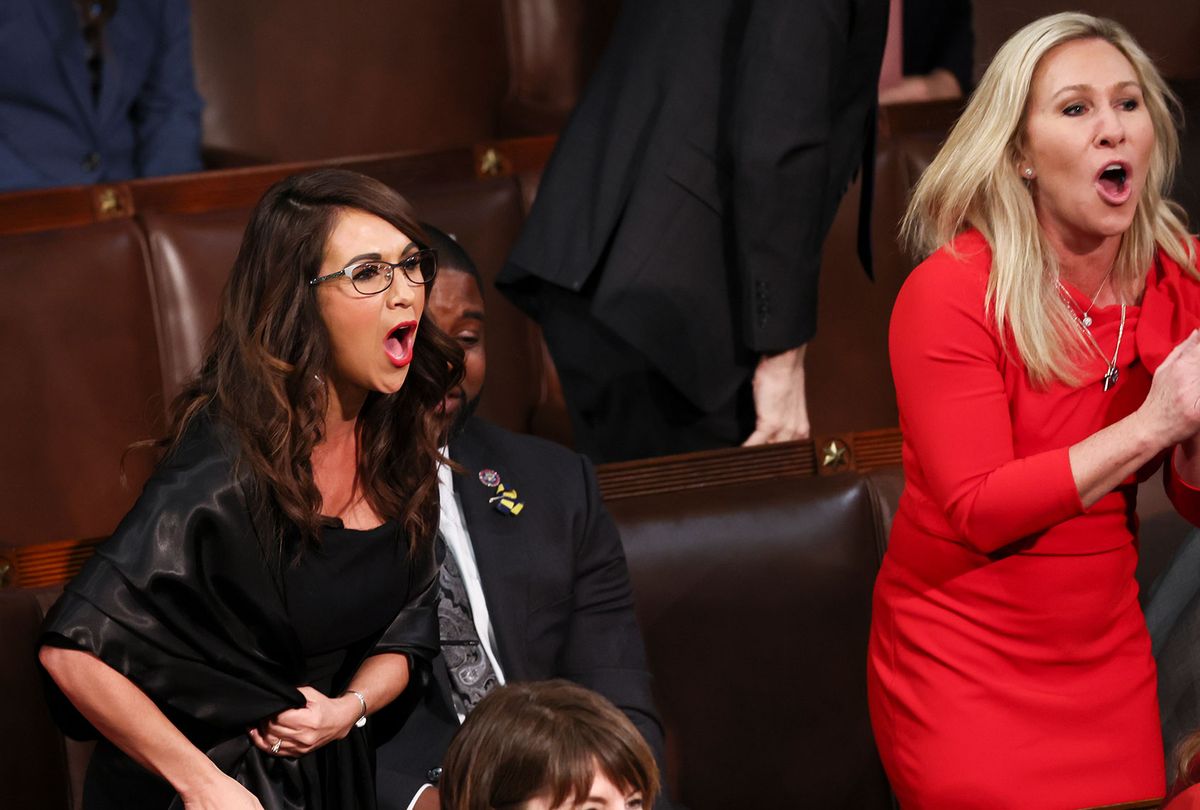 U.S. Rep. Lauren Boebert (R-CO) and Rep. Marjorie Taylor Greene (R-GA) scream "Build the Wall" as President Joe Biden delivers the State of the Union address. (Evelyn Hockstein-Pool/Getty Images)